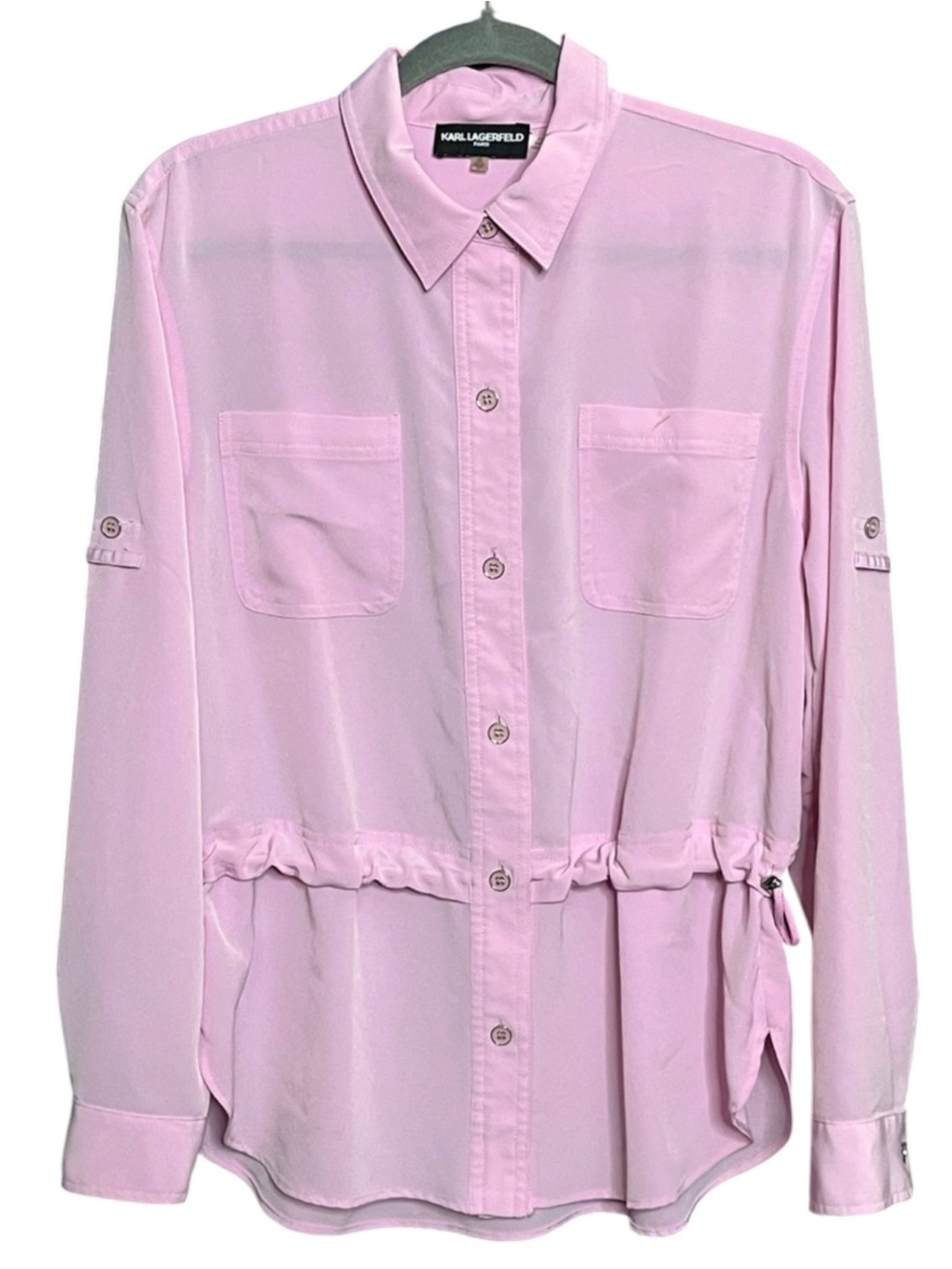 Karl Lagerfeld Pale Pink Drawstring Waist Button-Down Blouse XSMALL